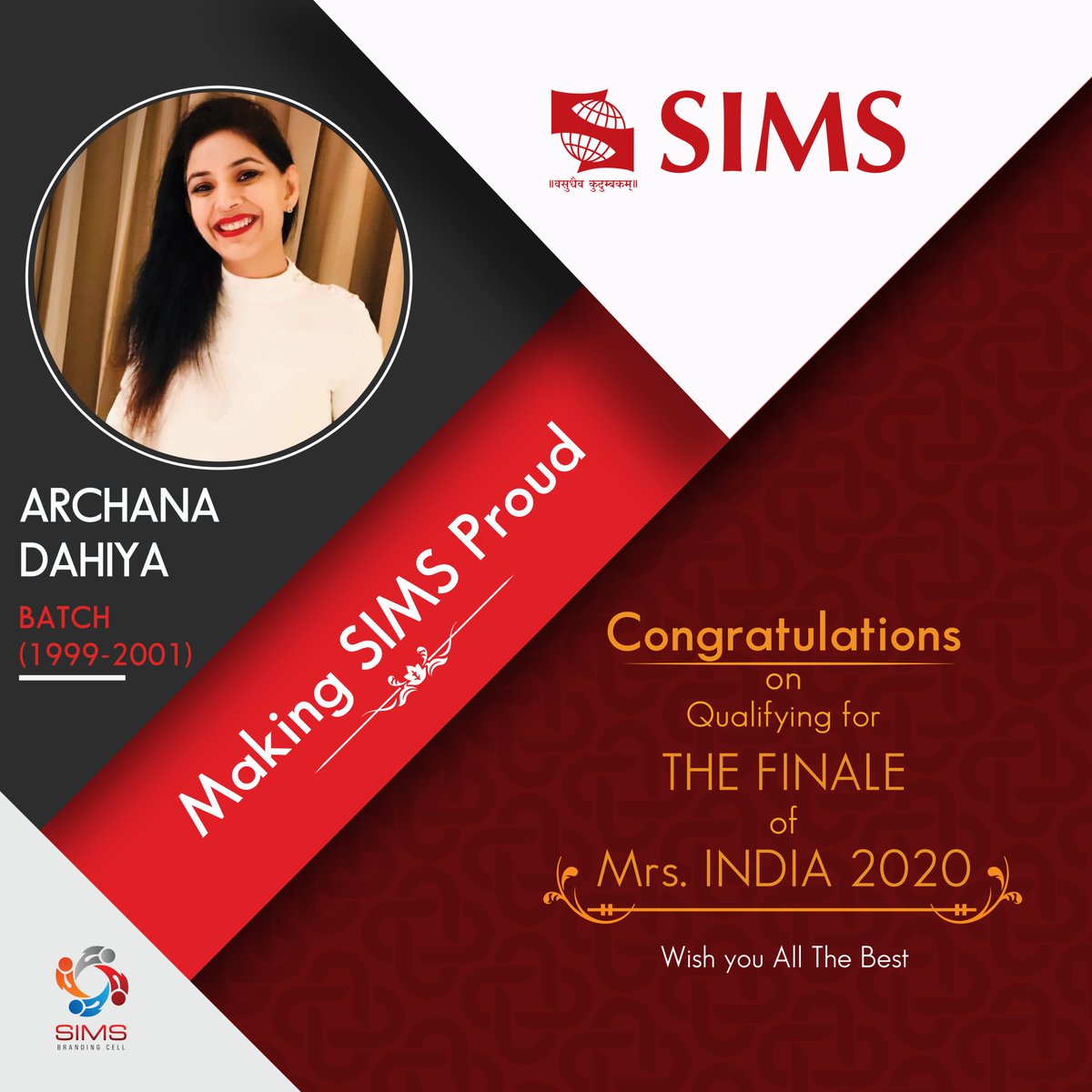 PuneSIMS's tweet photo. SIMS is pleased to share that our talented alumna Archana Dahiya(Batch 2001) is a finalist of Mrs India 2020. We congratulate her on this well deserved success and wish her good luck for the finale.
#sims.edu #symbiosis #simsalumni #alumniachievement #makeadifference #siu https://t.co/CBBMwfzVJi