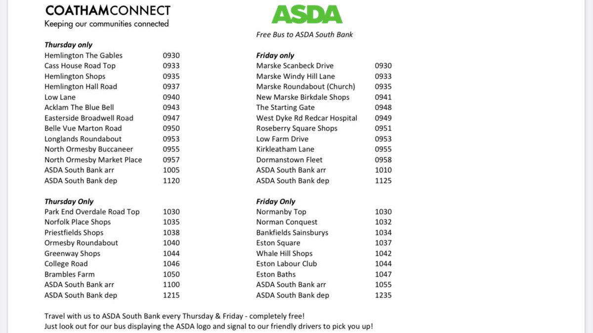 CoathamConnect's tweet image. Our free bus to @asda South Bank is running today for people in #Hemlington #Acklam #Easterside #Longlands #NorthOrmesby #ParkEnd #Ormesby &amp;amp; #Thorntree #Middlesbrough @lovembro 
Just look out for our @Coatham coach with the #Asda logo in the front 🚌