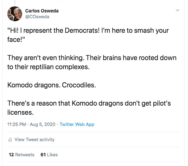 Brian is not only incapable or defending his positions or challenging mine, he doesn't even understand what I'm saying.Here's what I said about Komodo dragons:One.