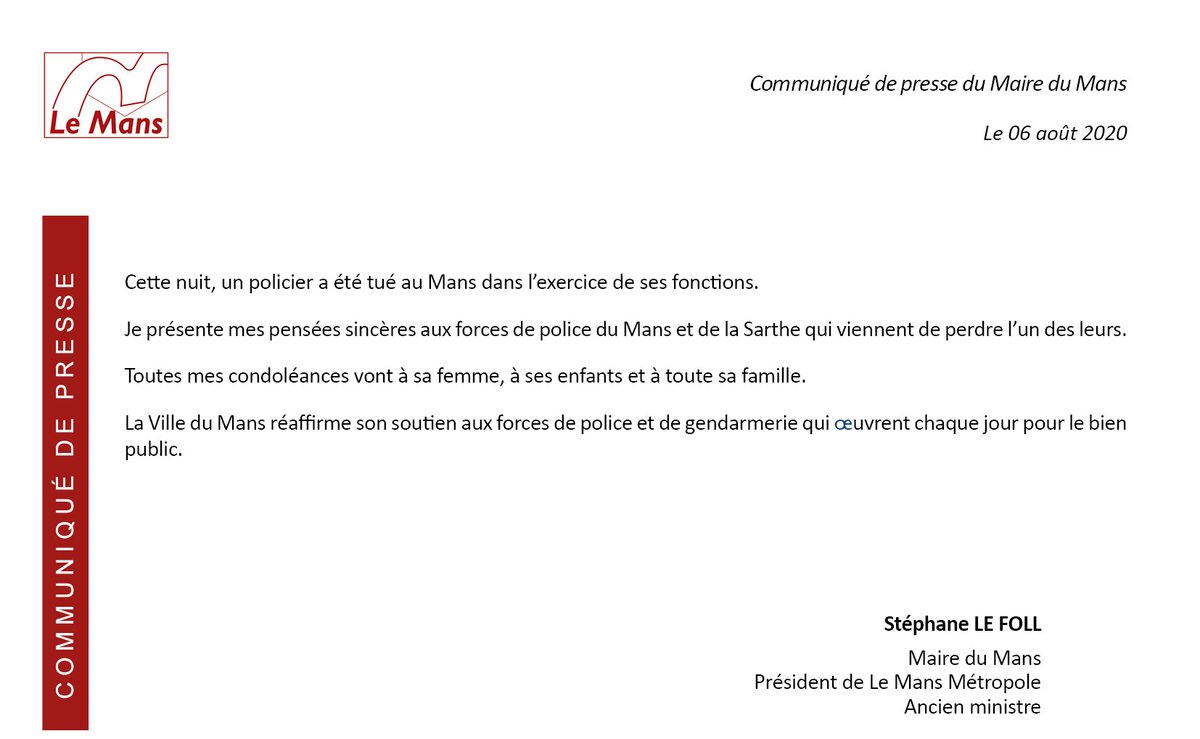 ofcourselemans's tweet photo. Communiqué de presse du Maire du Mans suite au décès d'un policier manceau dans l'exercice de ses fonctions. https://t.co/vVOe4ug7Zc