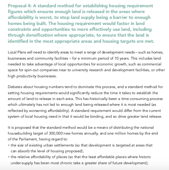 It's this bit: there will be a new target set by central government for councils to build a certain amount of houses in their area every year. For the first time since planning rules were created in 1947, Whitehall is dictating volume on councils. Councils only decide where (2)