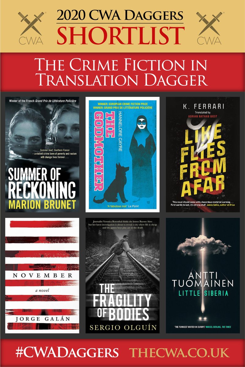  THE CRIME FICTION IN TRANSLATION DAGGER (Pt 1):Marion Brunet, ‘Summer of Reckoning’ (tr Katherine Gregor)Hannelore Cayre, ‘The Godmother’ (tr Stephanie Smee)K. Ferrari, ‘Like Flies from Afar’ (tr Adrian Nathan West) #CWADaggers