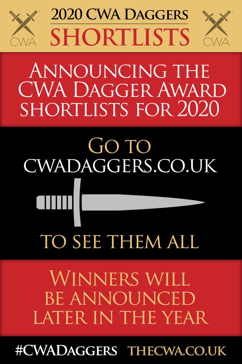  Today we’re announcing the CWA Dagger Award shortlists, sponsored by  @ALCS_UK,  @TheIanFleming, and  @SapereBooks! Congratulations to all the authors and publishers who made the final cut!  #CWADaggers