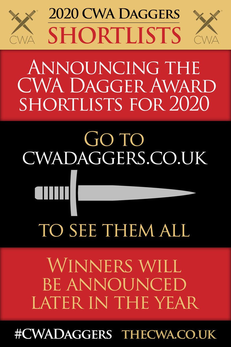  CONGRATULATIONS to all those shortlisted!  Winners will be announced at a special event later in the year. At the moment we’re not 100% sure what form that will take, due to [gestures at everything] but details will be announced here closer to the time.  #CWADaggers