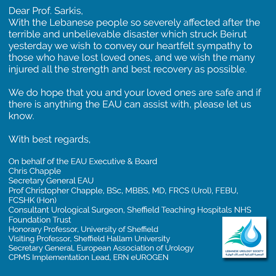 Thank you for the support <a href="/Uroweb/">European Association of Urology (EAU)</a> 
#LebanonExplosion #prayforbeirut #PrayForLebanon #uroleb