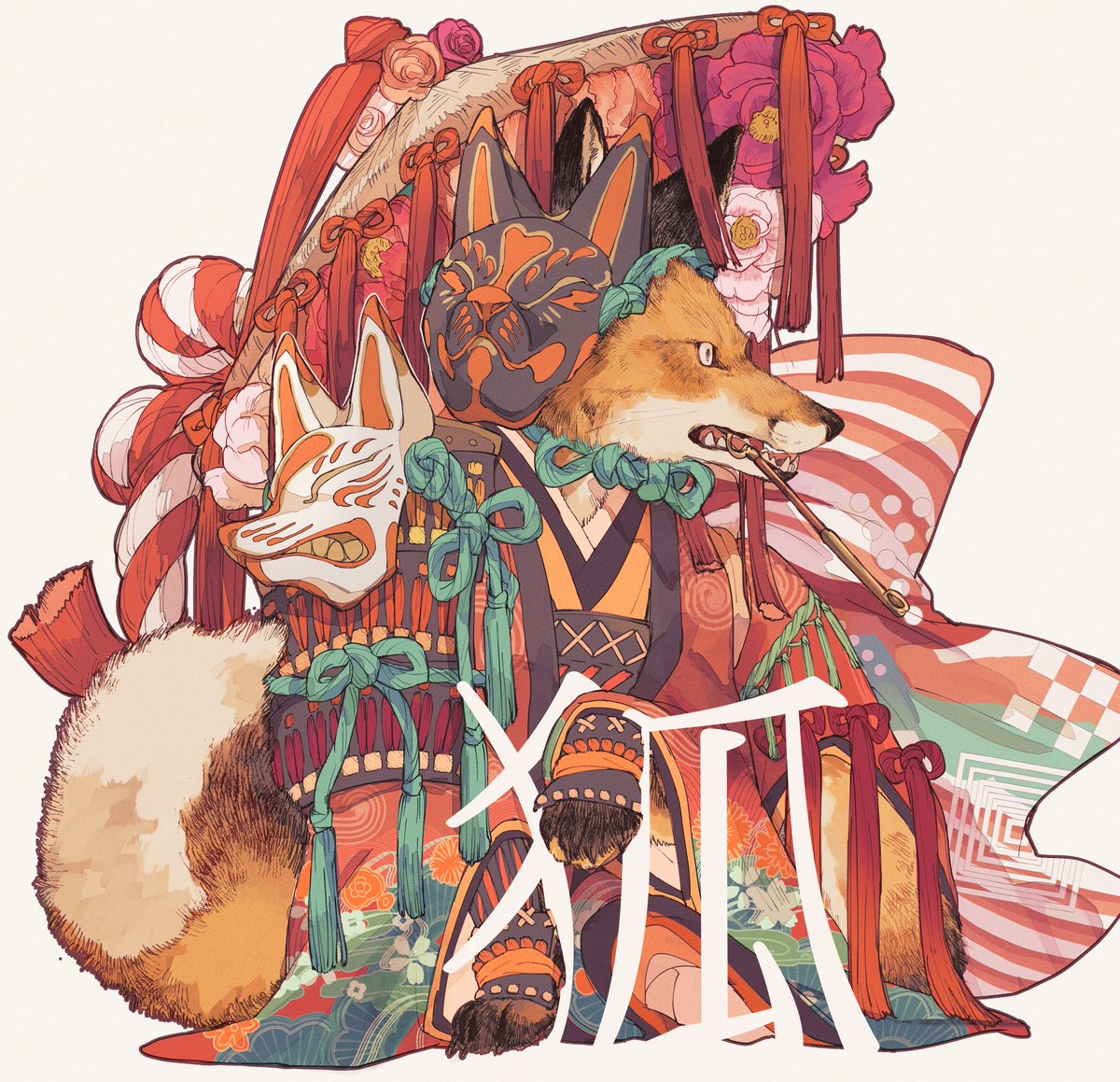 mask japanese clothes fox mask flower fox kimono simple background  illustration images