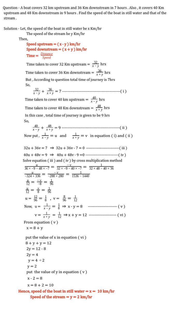 dishamam's tweet photo. #class10th #Maths #PairOfLinearEquationsInTwoVariables
A boat covers 32km upstream and 36Km downstream in 7 hours.Also it covers 40km upstream and48km
downstream in 9hours.Find the speed of the boat in still water and that of the stream
#Mathematics #DishaMam #DakshClasses https://t.co/BFGmRlb79o