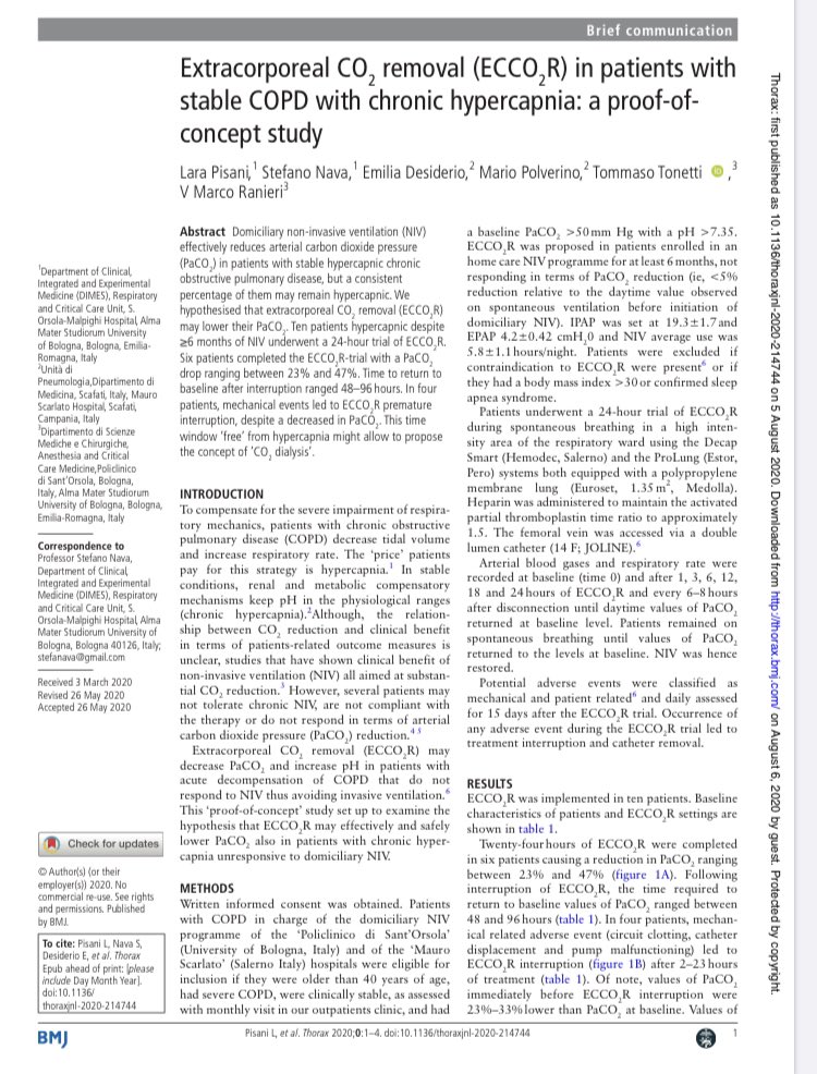 StefanoNava5's tweet photo. The first paper about the potential role of extracorporeal CO2 removal in stablr hypercapnic patients. In other words, the concept of CO2 dialysis. https://t.co/rKLypVmJMB