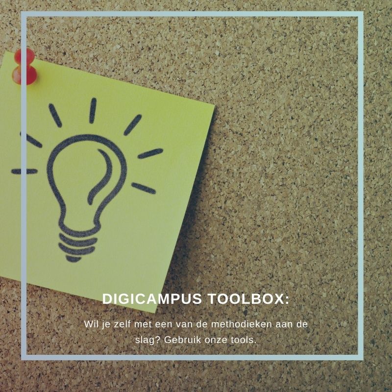 Er zijn verschillende methodieken waarmee je samen kunt innoveren over grenzen heen. In de Digicampus toolbox vind je handige tools waarmee je zelf aan de slag kunt: digicampus.tech/methodieken/