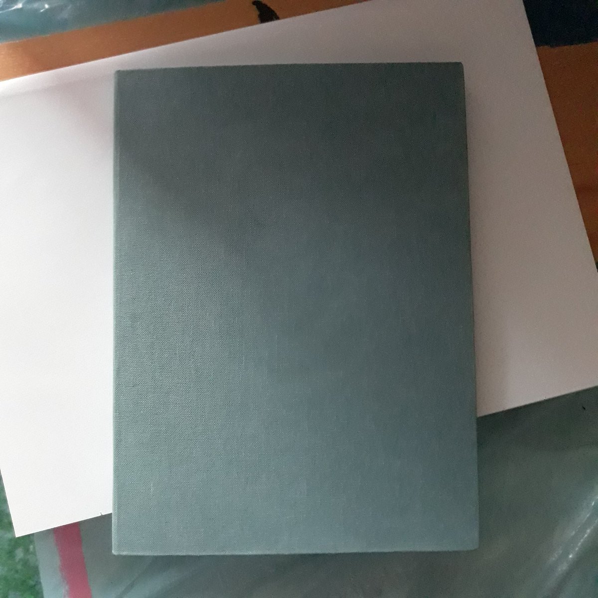 Pandeimonium's tweet photo. Bookmaking is slowly underway again.
This piece is a commission for a dear friend.

This dusty blue buckram is gorgeous! 

#Bookbinding #Bookmaking #DisabledArtist #SmallBusiness #Handmade #SkillsToPayTheBills https://t.co/ZiCUCrkBRS