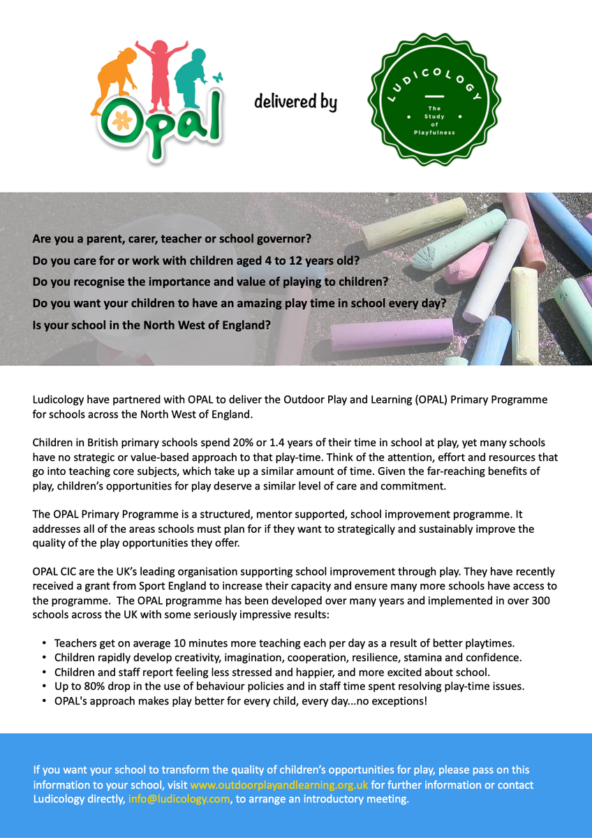 ludicology's tweet photo. If you're a primary school in the North West of England the OPAL Primary Programme might be just the thing to take your school to the next level. @WirralCouncil @lpoolcouncil @GFNChester @Go_CheshireWest @ShropCouncil @WiganCouncil @ManorParkSchool #opalschools #OPALOutdoorplay https://t.co/WcaFQjW2NH