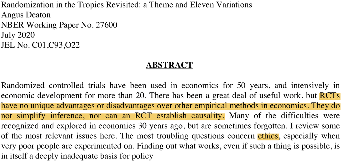 A few thoughts on the piece by  @DeatonAngus which culminates in: "RCTs have no unique advantages or disadvantages over other empirical methods in economics." Disclaimer: I've run RCTs for a living for three years, but wrote a structural estimation master thesis before. A thread:
