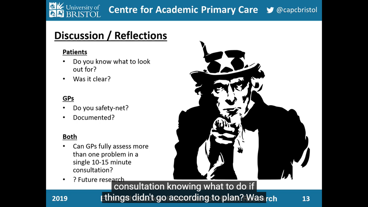 -Rare to provide written advice -specific (specific new symptoms+sign/set time period/action) -generic (gets worse/persist/unwell/concerns vs no time period). - Return location advice-<50% documentation even when given(some limitations in study)