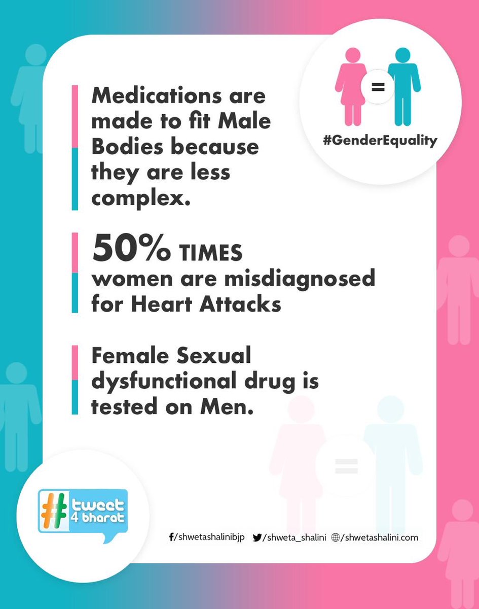 #Thread 5/11Heart medicines meant to prevent heart attacks, practically on a certain point in a woman’s menstrual cycle is actually more likely to trigger a heart attack.This is because the drug was never tested on women. #tweet4bharat  #genderequality  @iidlpgp