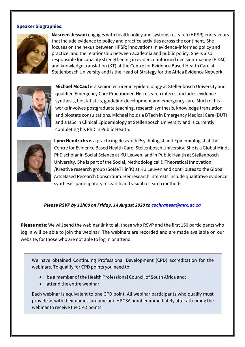 Africa_evidence's tweet photo. Don't miss the #systematicreview methods #webinar by @SACochrane on 18 Aug to learn more about how to use an issue brief as a tool for enhancing #research uptake & #evidenceuse in #policy & #practice. Secure your place by 14 Aug. Visit https://t.co/X5JqWc40wz for more info. #EIDM https://t.co/kPMlzyEYv7