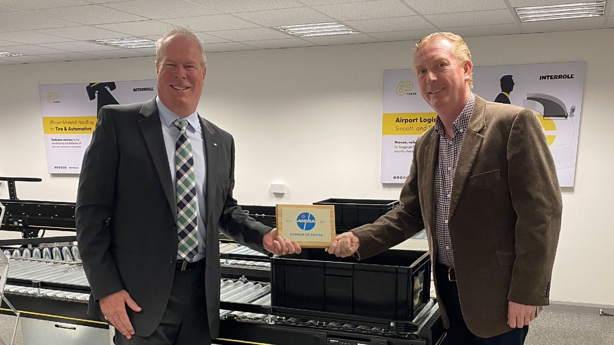 The Automated Material Handling Systems Association's <a href="/amhsaUK/">AMHSA</a> Matthew Jones recently presented Hilton Campbell, Managing Director at Interroll Ltd, with the membership plaque
#MaterialHandling #AMHSA #Interroll #Automation #Partnership