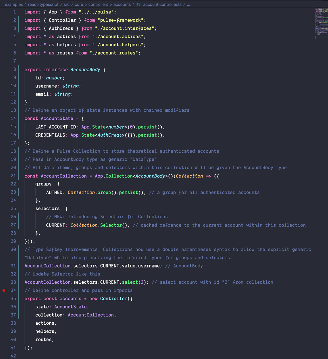 PulseFramework's tweet photo. Releasing Pulse 3.0 in the next 24 hours. With docs. 

Here's a preview of the latest syntax, featuring the new Controller instance-a container for State, Collections, Routes and Actions. 

This update fixes an annoying cyclic dependency issue in large Pulse 3 projects. https://t.co/Yt1NyZy9tP