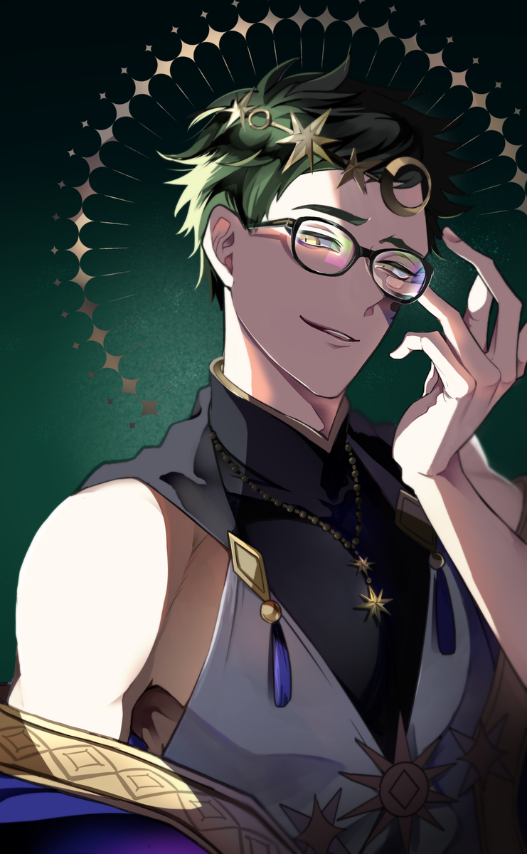 1boy male focus glasses green hair yellow eyes short hair solo  illustration images