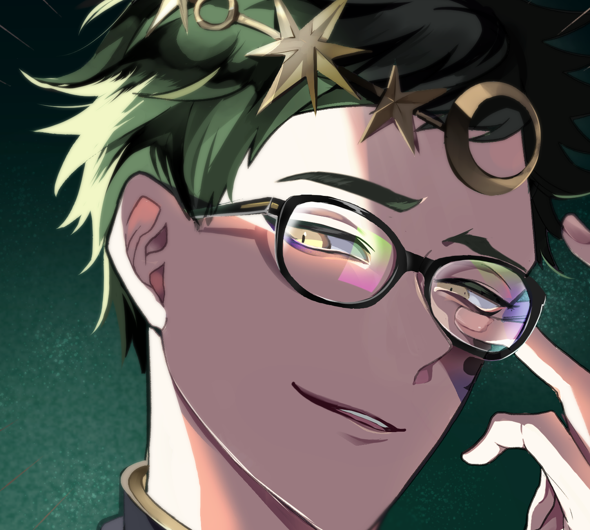 1boy male focus glasses green hair yellow eyes short hair solo  illustration images
