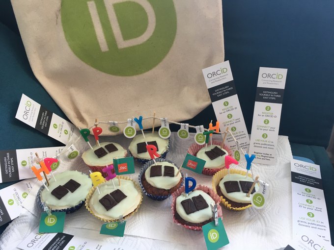 ORCID iD made out of cupcakes with ORCID swag