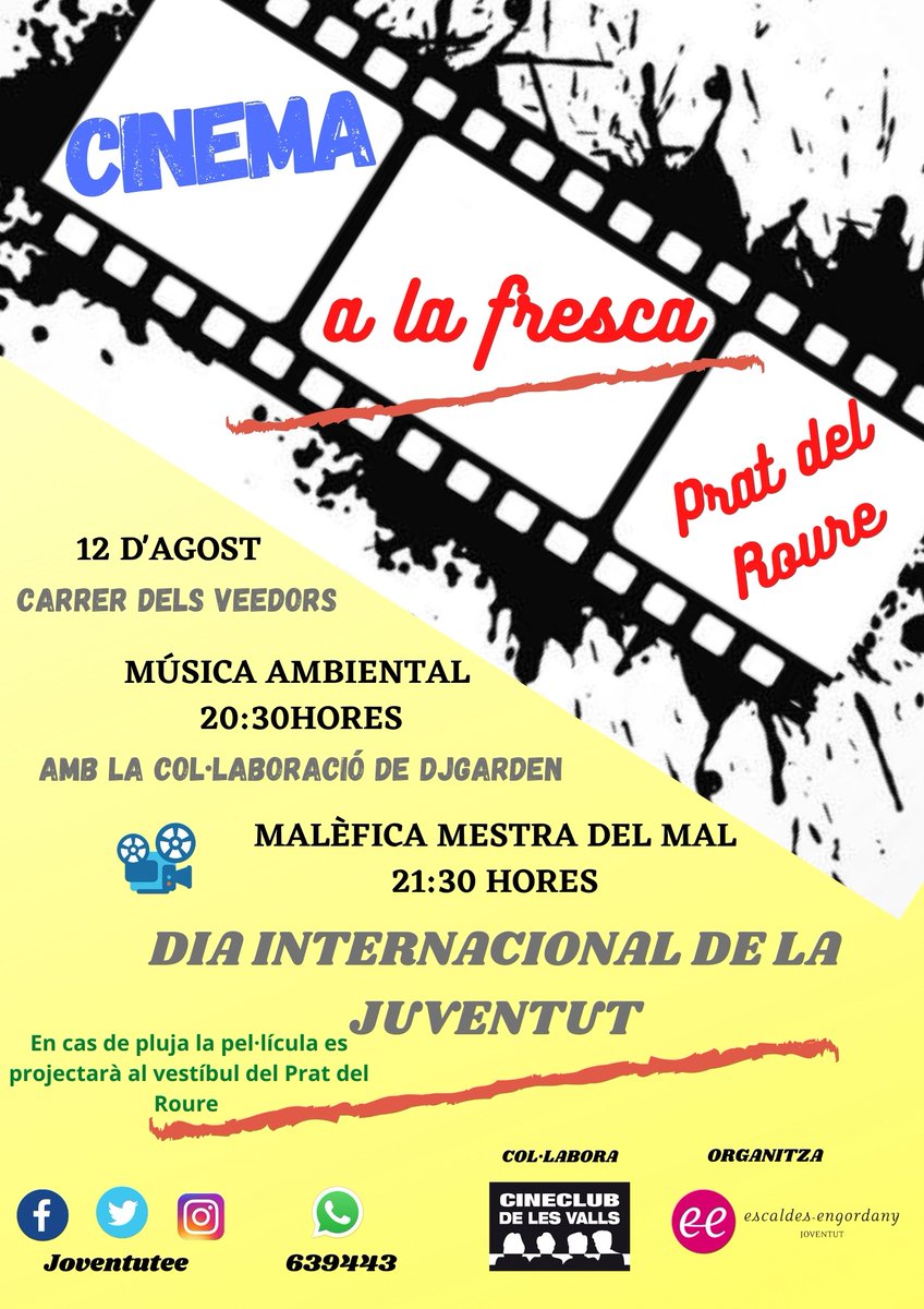 👉Dimecres 12 d'agost amb motiu del "Dia Internacional de la Joventut" tornem amb el Cinema a la Fresca Malèfica 2 al Prat del Roure a les 21:30h.
I com a novetat, et convidem una hora abans a escoltar música ambiental amb DJ Garden. 👏😀
#DinamitzacióJee
#estiu   
<a href="/comuee/">Escaldes-Engordany</a>