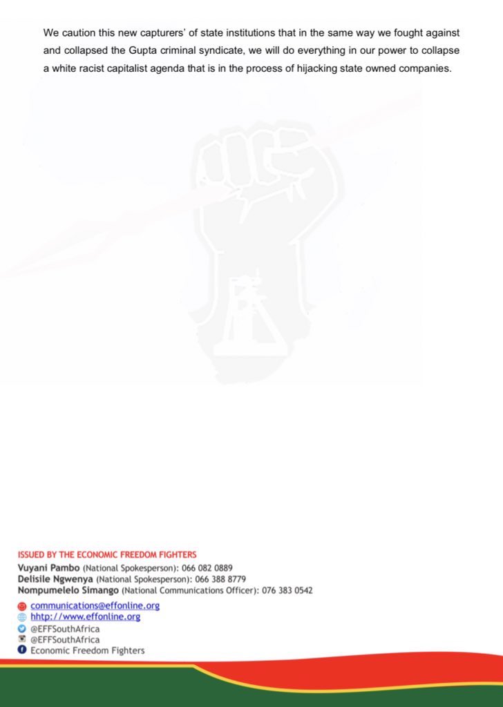 EFFSouthAfrica's tweet photo. EFF Statement on the Appointment of Eskom Treasury General Manager https://t.co/kSuy5QPSpH