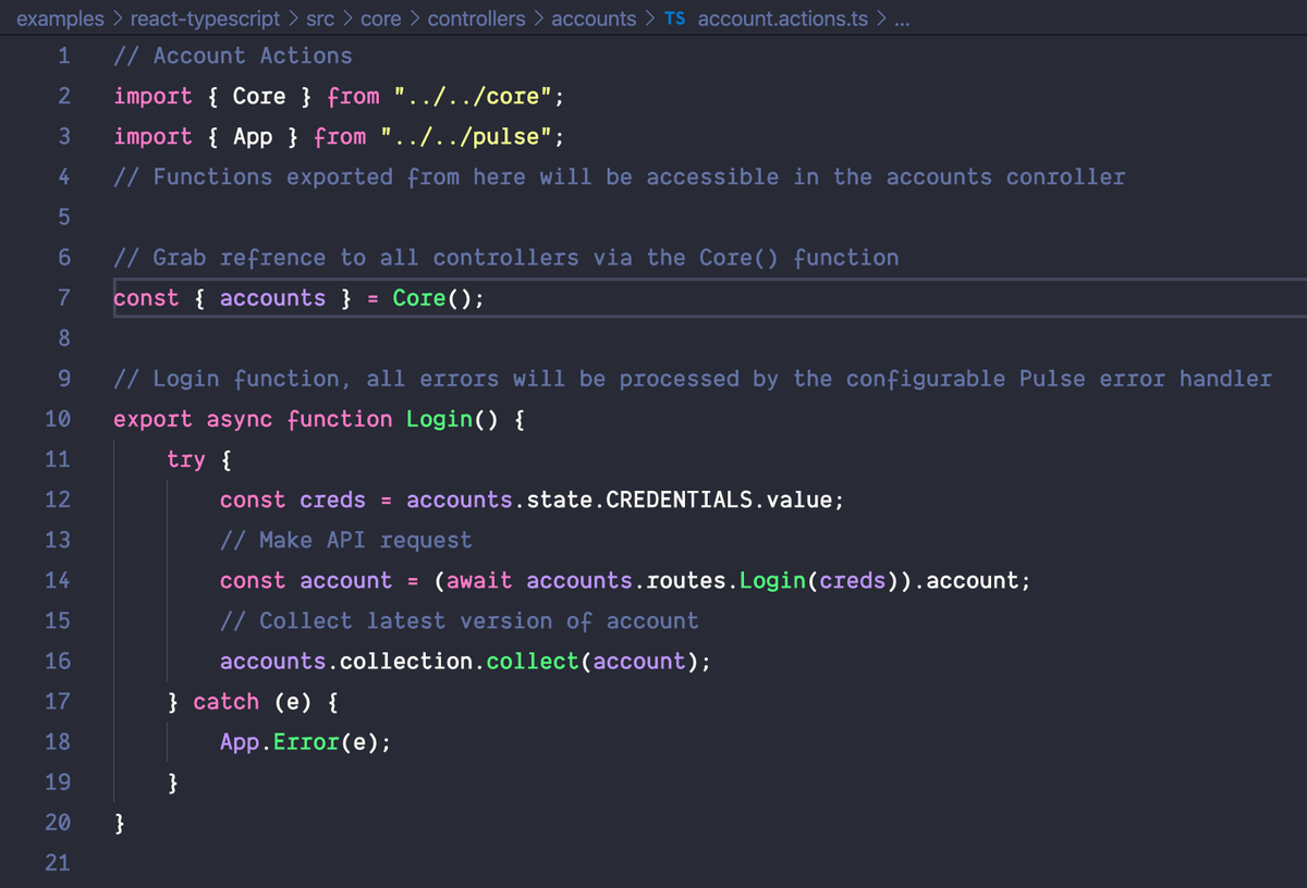 PulseFramework's tweet photo. We can now call `Core()`to get all controller instances, making for less imports and no cyclic dependency issues.

Also added a built-in error handler for actions. https://t.co/6W6QpE15EJ
