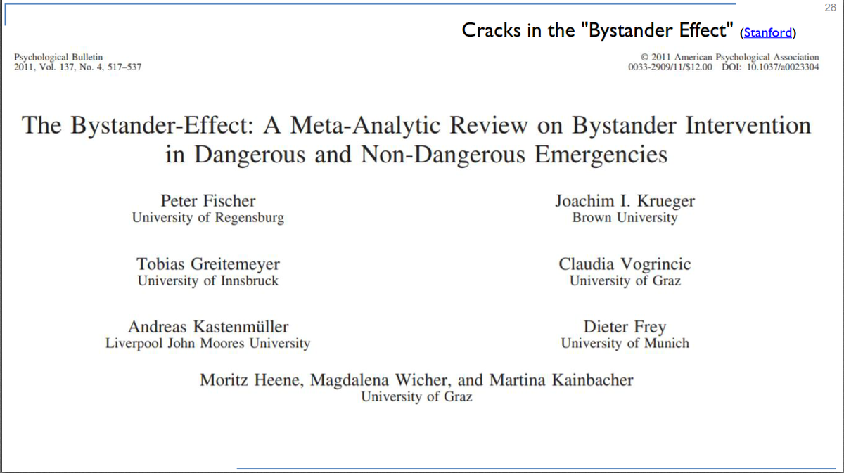 Example #2:Humankind Chapter 9: Bystander effectOverhyped, misunderstood. Replications and meta-analyses show a much more complex phenomenon. My slides: