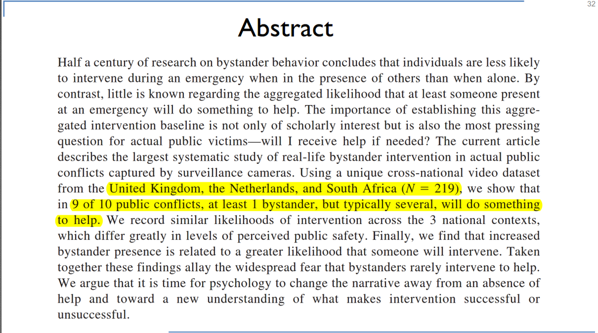 Example #2:Humankind Chapter 9: Bystander effectOverhyped, misunderstood. Replications and meta-analyses show a much more complex phenomenon. My slides: