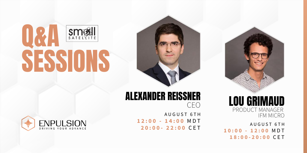 enpulsion's tweet photo. #SmallSat2020 is slowly coming to its end but we still have two Q&amp;A sessions lined up for you today. Use the opportunity to talk to our CEO @AReissner online from 12am-2pm MDT or chat with our Product Manager @lougrims from 10am-12am MDT. 
👉Join us here: https://t.co/YpUgHDaUTs https://t.co/m4yUDjrjDz
