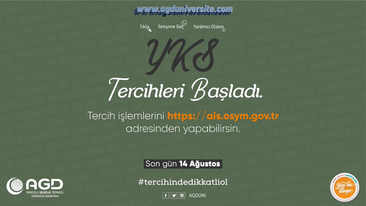 YKS Tercihleri Başladı!
Tercih yapacak kardeşlerimize başarılar diliyoruz...

⏳ Başvuru Tarihleri: 06-14 Ağustos 

🔗 Başvuru linki: ais.osym.gov.tr

#yks2020tercih #tercihindedikkatliol