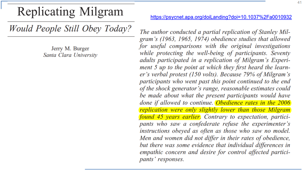 Example #4:Humankind Chapter 8: MilgramYes, I agree, this one does seem to hold & replicate. Yet,  @rcbregman offers new insights.My slides: