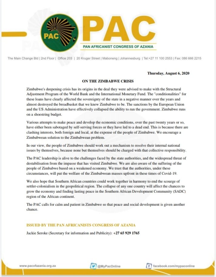 pac_president's tweet photo. The @MyPAConline calls out the invisible hand of white power in the crisis of Zimbabwe.
We call for a Zimbabwean solution to the crisis. ZIlimbabweans have the collective wisdom to find ways to come out of this https://t.co/bzRU0AaIIq