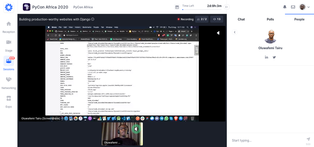 TerraMeijar's tweet image. @_emmarex_ giving a talk right now on &quot;Building Production-worthy websites with Django&quot; @pyconafrica #PyConAfrica20