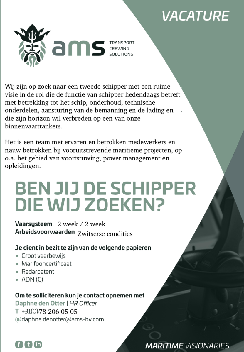 Wij zijn opzoek naar een tweede schipper. Ben of ken jij de persoon die wij zoeken? Neem dan contact met ons op!