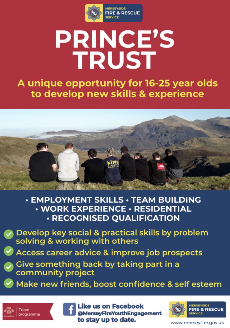 theleecooper_f's tweet photo. The Prince's Trust Programme is starting again in Merseyside from September 2020

A great opportunity for 16-25 to experience new opportunities and develop new skills for FREE

For more info or to get involved, contact us or youthengagementteam@merseyfire.gov.uk 

@MFRS_PT https://t.co/2GVzLQV6sA