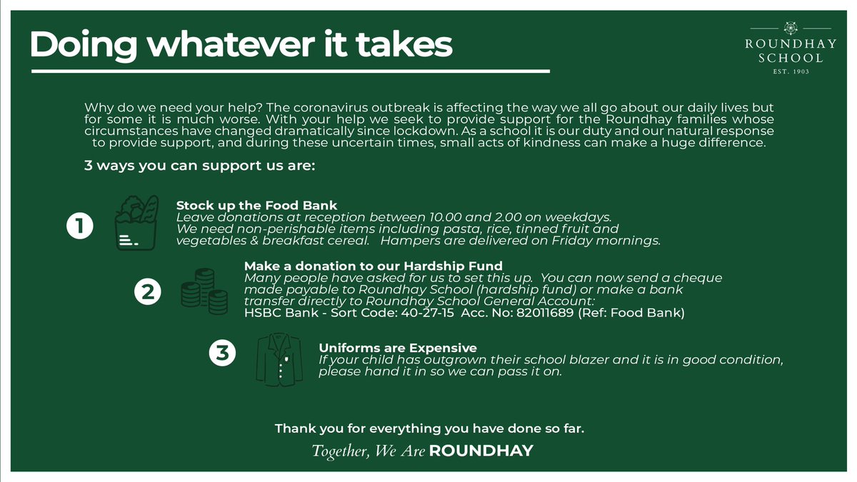 3 things we need this week to support our families in need <a href="/RoundhaySchool/">Roundhay School</a>. Please #retweet #share #donate #support and drop off items at Roundhay School Reception.  Thank you for your #kindness. <a href="/LeedsCC_News/">Leeds Council News</a> @NorthLeedsLife <a href="/YoungLivesLeeds/">Young Lives Leeds</a> <a href="/LUFC/">Leeds United</a> <a href="/LeedsInspired/">Leeds inspired</a>  <a href="/RoundhayHead/">RoundhayHead</a>