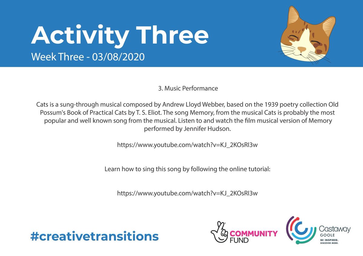 castawaygoole's tweet image. Online Arts, Week 3 and we celebrate World Cat Day on the 8th August! Links for activities: Activity 1: youtube.com/watch?v=GbpP3S… Activity 3.1: youtube.com/watch?v=KJ_2KO… Activity 3.2: youtube.com/watch?v=PRjok2… #creativetransitions @ERMusicHub @CatsProtection @Em46823172