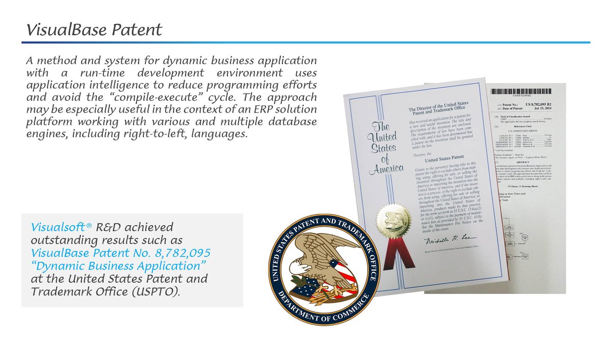 Visualsoft_net's tweet image. #Visualsoft R&D achieved outstanding results such as #VisualBase Patent No. 8,782,095 “Dynamic Business Application” at the United States Patent and Trademark Office (USPTO).