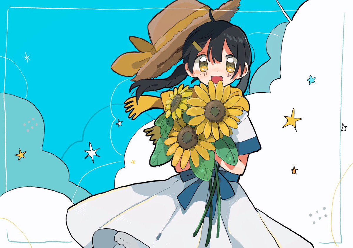 1girl flower hat solo dress sunflower holding  illustration images