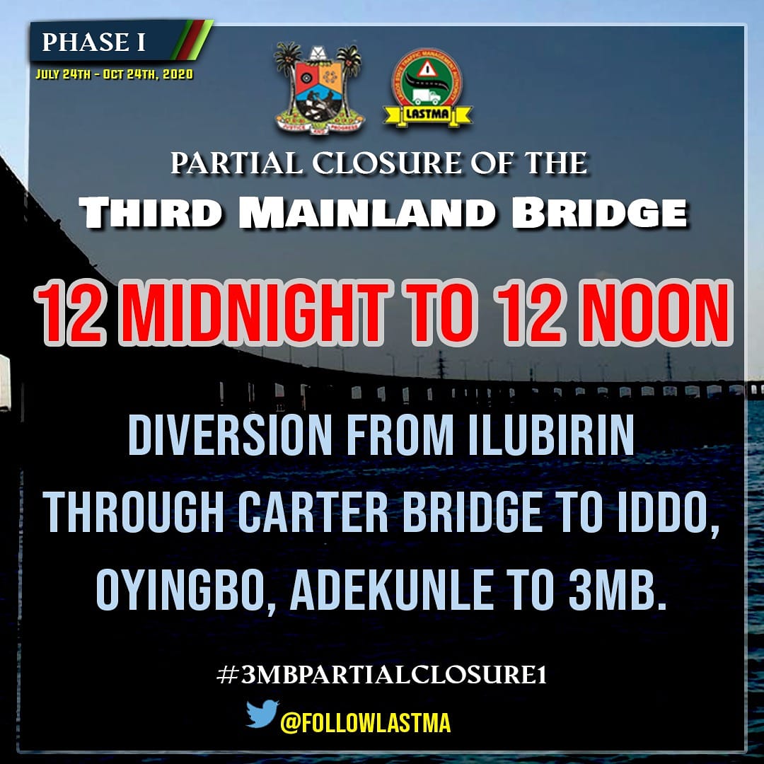 followlastma's tweet photo. #3MBPartialClosure1
Good morning, Lagos! #DoYouKnow that during this first phase of the #3MB partial closure, there will be diversion at Ilubirin through CarterBridge, Iddo to Adekunle to link back to #3MB from 12 midnight till 12 noon?
Now you know. Please share.
#lastmacares https://t.co/pIMHUcepxW
