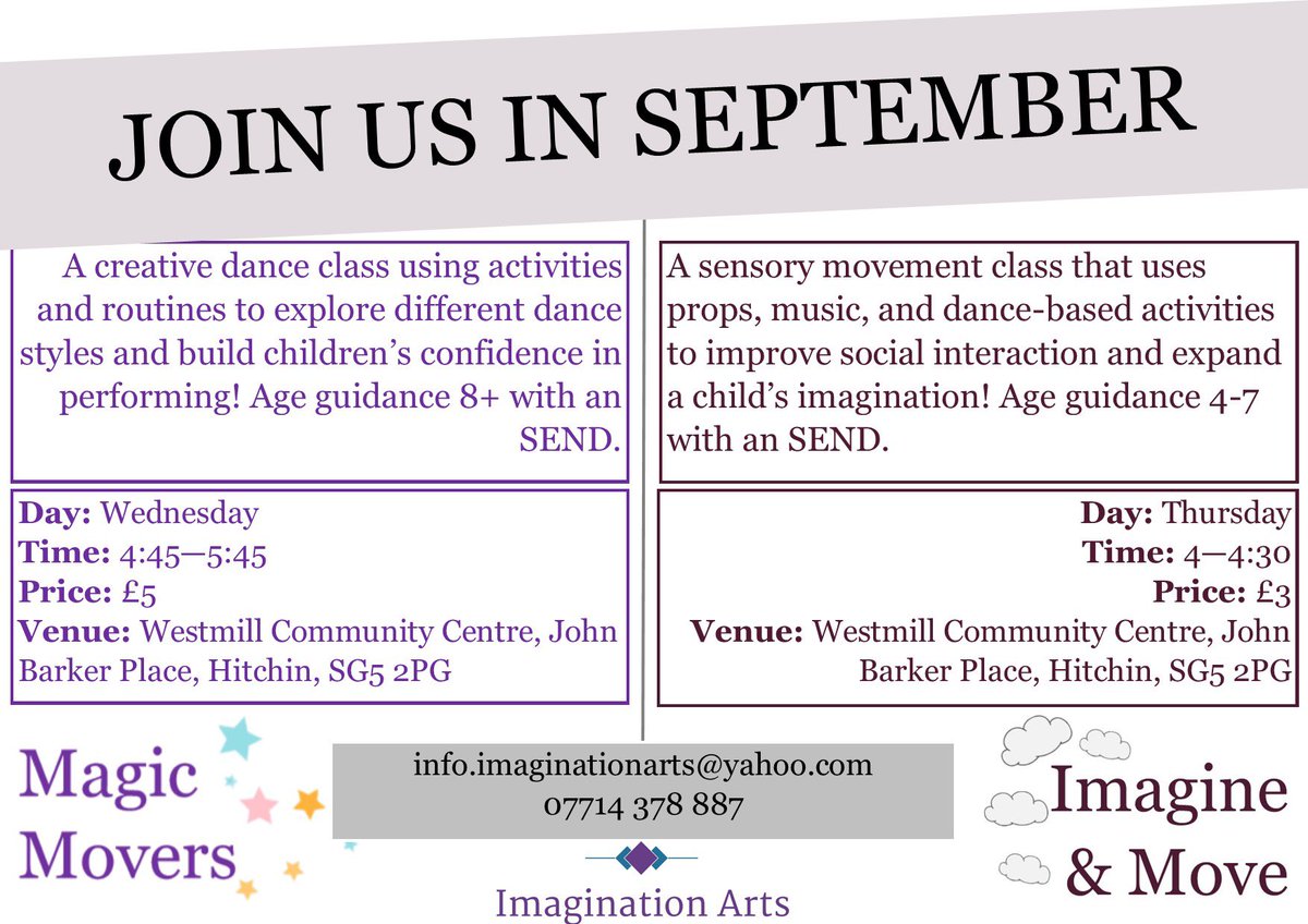 ImaginationDCIC's tweet photo. Our popular Hitchin branch of SEND dance classes are back from September 9th/10th! Book on now to avoid disappointment. Explore your imagination and build your confidence in performing and social interaction ✨
#inclusivedance #disabilitydance #SENDdance #childrensdance https://t.co/EcvcZlbFBH