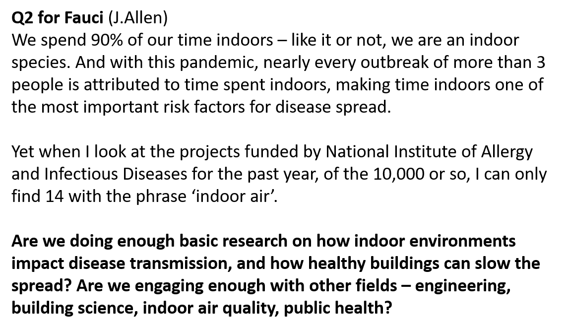 1/x Why 6 months to focus on airborne?--> We prioritize the pill over prevention, medicine over public healthWithin *hours* of seq, vaccine develop beganImagine what might be diff had we embedded  #HealthyBuildings as core to ID research?(my 2nd Q to Fauci was this)  https://twitter.com/CorsIAQ/status/1291261587030827008