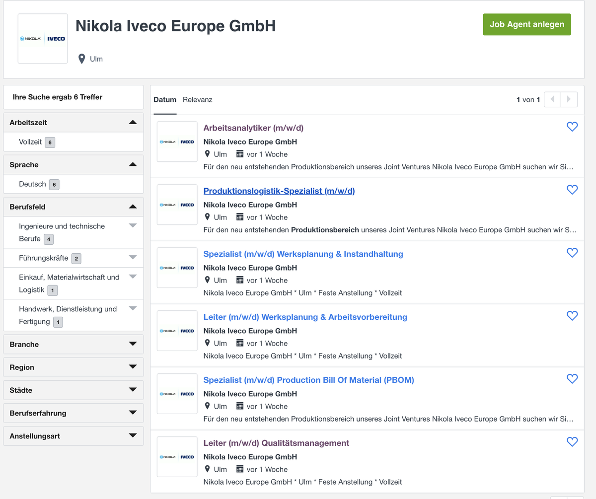 I found 17 job offerings on a German jobsite for the Nikola Iveco joint-venture that were posted about a week ago. The company that posted it was "Nikola Iveco Europe GmbH"