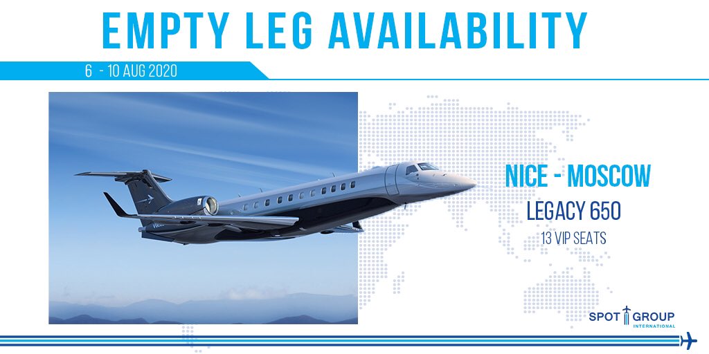Spot_Group's tweet photo. Fly onboard of #Legacy650 from #Nice to #Moscow.
For more available flights, head to https://t.co/YJpXsvLeGH
or contact our sales team: sales@flyspotair.com
#emptyleg #jetavailability #SpotGroup https://t.co/FuSi5YtYZ2