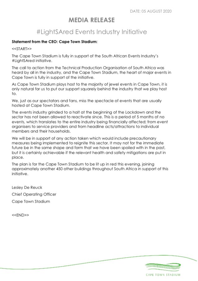 LightsaredO's tweet image. Tweet 1 of 2 #LightSAred the media statement from #capetownstadium 😄 thank you  - pics to follow in tweet 2 of 2  @alanwinde @Wesgro @WCGovCas @WesternCapeGov