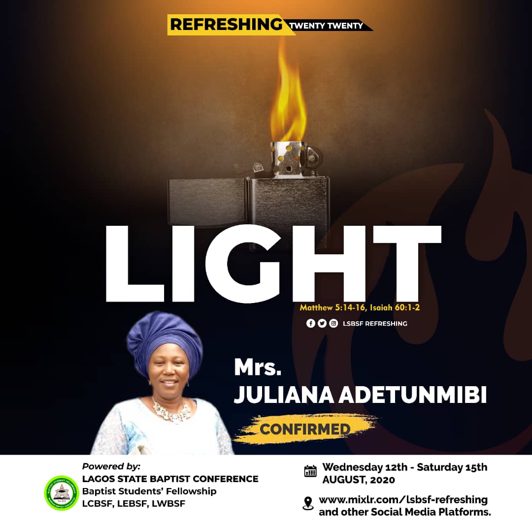lsbsfcampus's tweet photo. Are you ready for an awesome time of intimate fellowship and great encounter in the Lord's presence? You are? Then you are just in time as MRS. JULIANA ADETUNMIBI will be ministering.
#Refreshing2020 #LIGHT2020 https://t.co/397MdQmCag