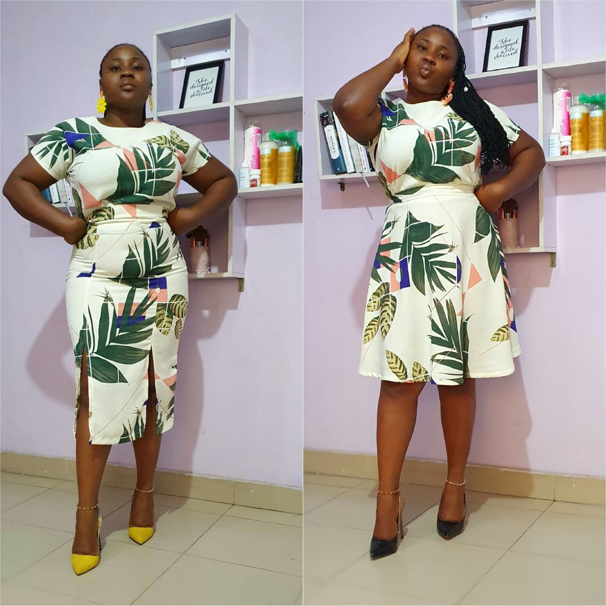 The Asa Set.This consists of a crop top, flare skirt and straight skirt.- N12,000.