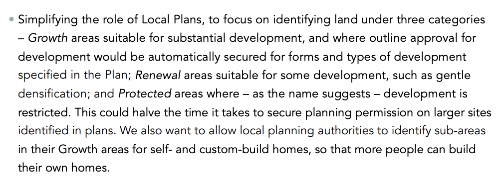 The White Paper proposes to replace the discretionary system of planning permission that has been in place since 1947 with a zoning system whereby all land would be designated simply as either ‘growth’, ‘renewal’, or ‘protected’. The significance of this can't be understated.