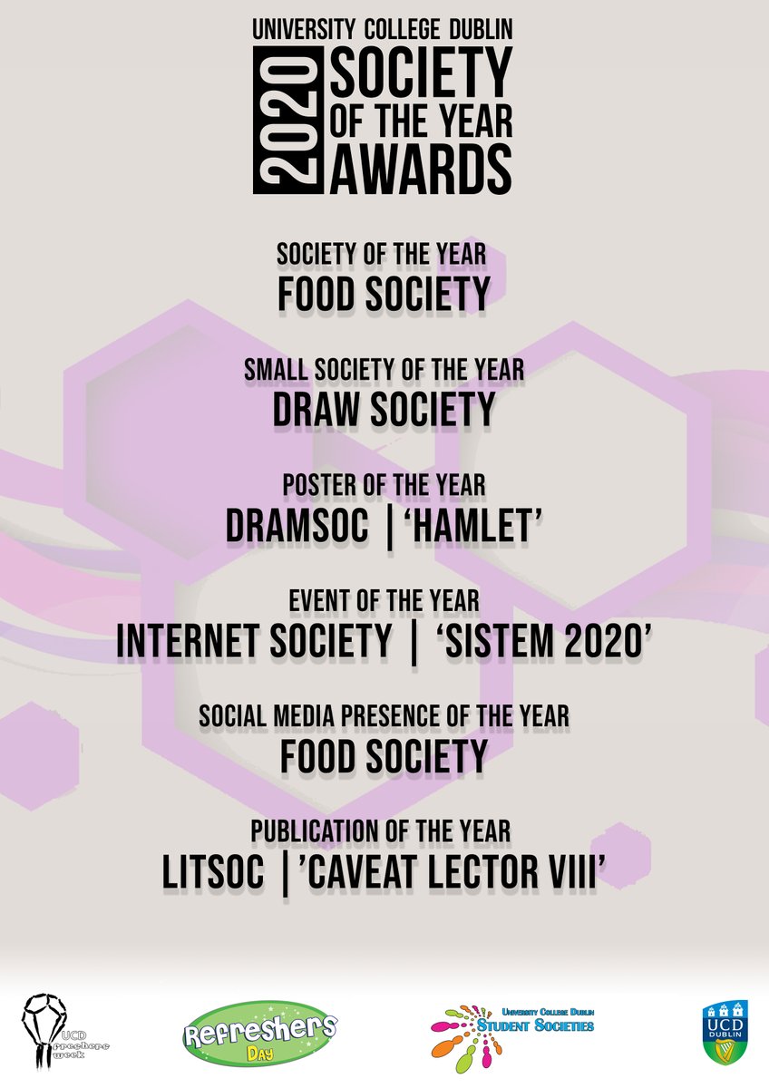 UCDSocieties's tweet image. The UCD Societies Council are delighted to announce the winners of the 2019/2020 Society of the Year Awards! A huge congratulations to all winners and a massive thank you to all our societies for their phenomenal contribution to student life in UCD.